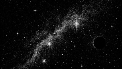 Black and white star galaxy with a dark planet. Dot space grain noise vector texture. Abstract outer space background for cosmic theme. © hiten666