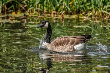 Obraz premium Angry Waterfowl Stirring Ripples in a Serene Nature Reserve Lake