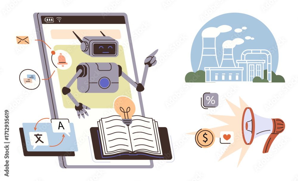 Aufkleber ai robot emerging from smartphone screen interacting with open book, language translation tool, and 