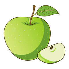Fresh Green Apple with Leaf and Slice Vector Illustration