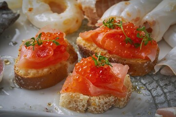 Gourmet seafood bites with microgreens, featuring red fish and caviar on bread