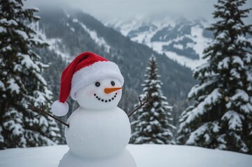 Obraz premium Snowman wearing a Santa hat at a snowy ski destination. Winter vacation