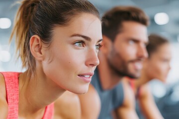 Obraz premium Focused woman in pink workout attire, exercising in a gym with male candidates in the background, showcasing determination and fitness lifestyle with copy space