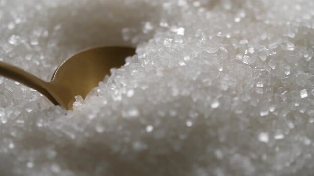 Macro video of white sugar particles. Close up texture of sugar.