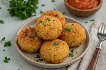 Croquettes made from salted fish garnished with fresh parsley on a dining table