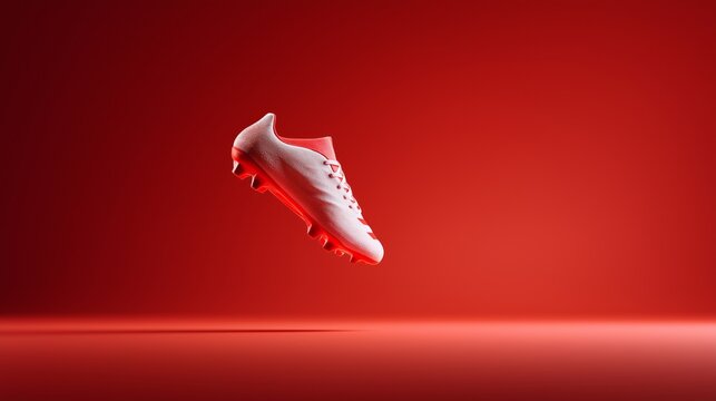 A white and red soccer shoe is shown in mid-air on a red background