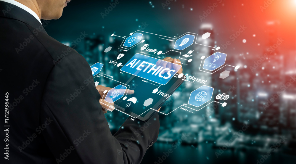 Poster a businessman interacts with a digital interface showcasing concepts of ethics and analytics in a vi