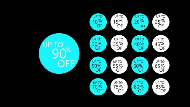 A promotional discount offer graphic showing various percentages of sale from 10% to 90% off. The design features circular labels with text "UP TO ...% OFF" in blue and white colors, highlighting diff
