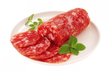 Sliced cured meat arranged on a dish with a plain white backdrop
