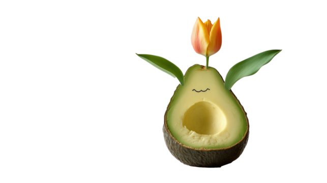 A tulip sprouts from a grinning avocado doing yoga, symbolizing calm vibes and flexible growth, on white background. png