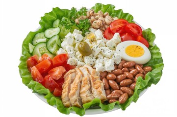 Fresh vegetable salad with cheese, eggs, chicken, beans, and olives on a white background