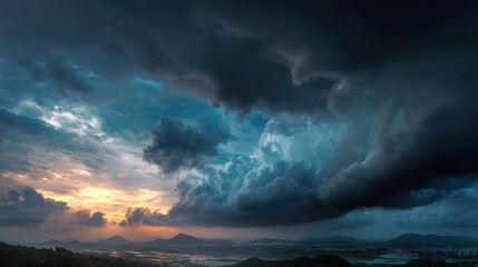 Dark storm clouds gather over a mountainous landscape at sunset near the coast in late evening
