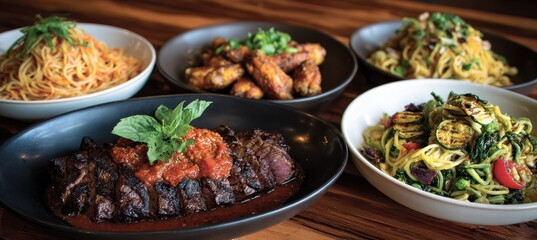 Delicious Italian Feast: Steak, Pasta, and Chicken Wings
