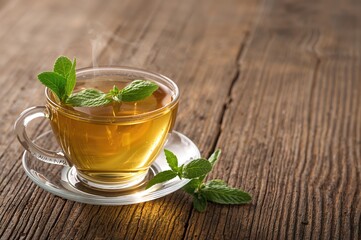 Herbal tea made from sage and mint served in a glass cup with fresh leaves on a wooden surface. Concept of natural remedies and wellness herbs with empty space for text.
