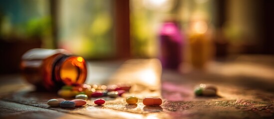 Spilled Medication: A Close-Up View of Colorful Pills Scattered on a Wooden Surface