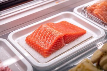 Fresh Raw Salmon Steak in Plastic Tray with Absorbent Pad in Grocery Store, High-Quality for Retail