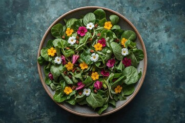 Edible flowers garnishing leafy greens
