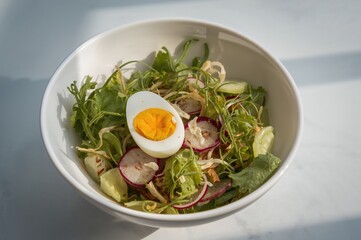 Bowl of Salad Featuring Egg, Radish, and Cucumber
