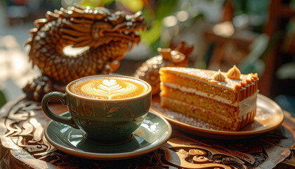 Cup of latte art coffee and layered cake slice on a decorative wooden table with a golden dragon sculpture in the background.