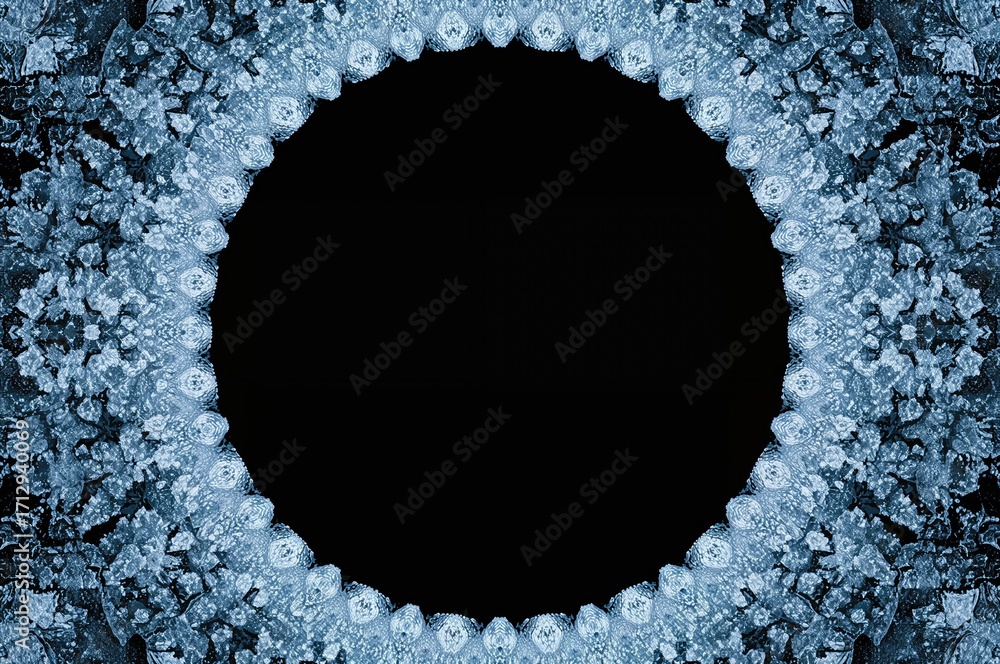 Poster circular frost design on a dark backdrop featuring abstract icy textures to create a freezing appear