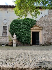 Lunghezza, Rome - April 15, 2025, detail of part of the courtyard of Lunghezza Castle, a medieval castle in the municipality of Rome.