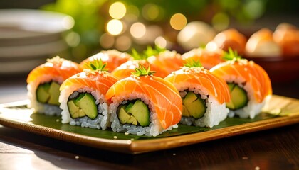 Salmon sushi rolls on a platter