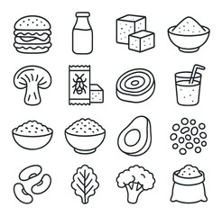 Line art food icons including burger, juice, avocado, rice, tofu, and more