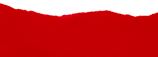 Piece of scarlet red color paper with torn edge isolated, smooth textured surface with copy space