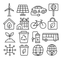 Eco-friendly icon set: renewable energy, recycling, sustainable transportation