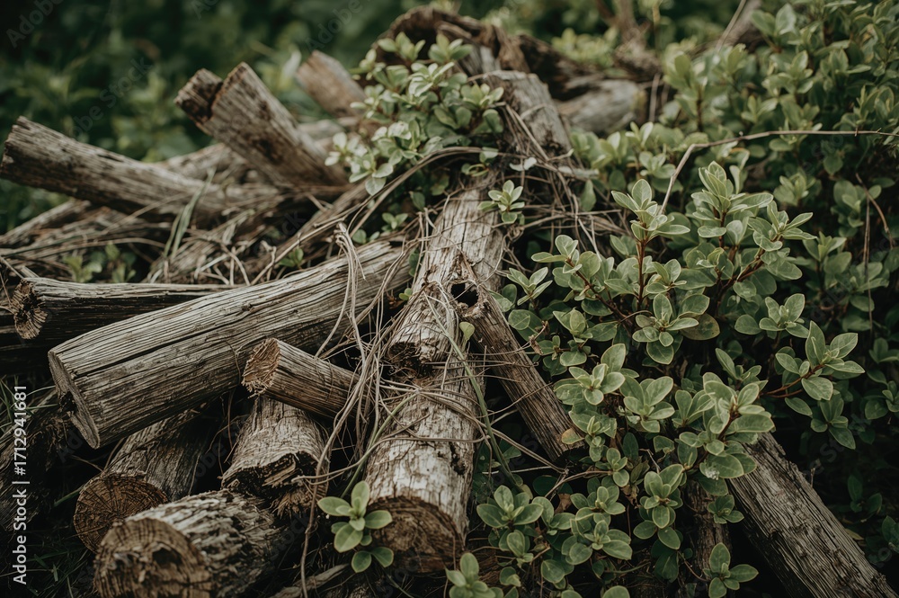 Poster decayed timber intertwined with lush foliage. artistic backdrop with blank area, sharp focus, macro 