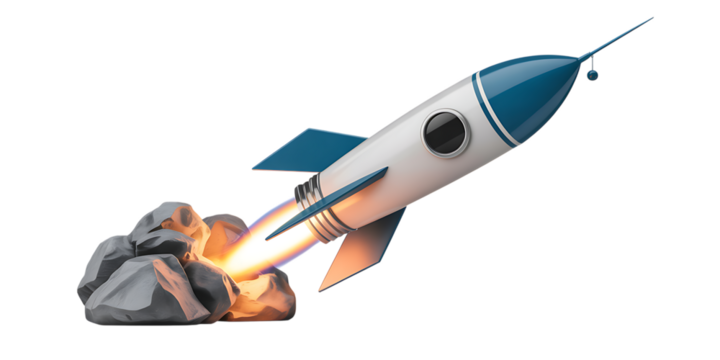 Dynamic rocket blasting off with fiery exhaust, symbolizing innovation and ambitious growth