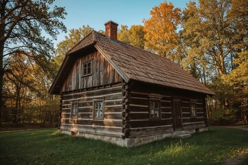 Obraz premium Ancient timber cottage in a historic settlement. Open-air Ethnographic Museum exhibit.