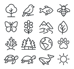 Nature icons: animals, plants, earth, and weather symbols