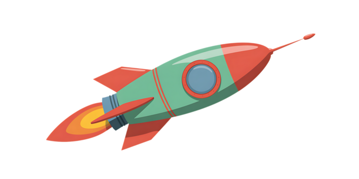 Dynamic vintage rocket blasting off with fiery exhaust, symbolizing innovation and forward momentum