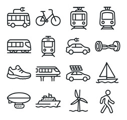 Set of 16 transportation icons featuring bus, train, and bicycle illustrations