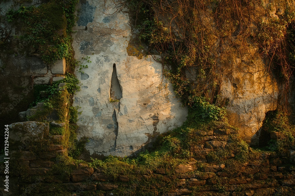 Poster ancient moss-covered stonework featuring intricate textures and patterns