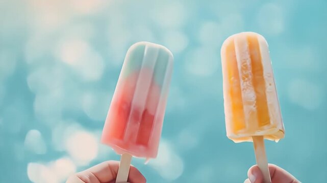 Two Popsicles Held Against Blurred Turquoise Water Background in Sunlight