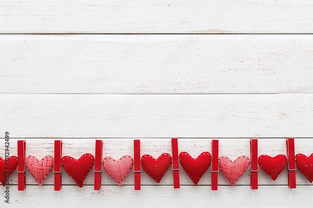 Poster handcrafted heart-shaped pillows attached to a string with colorful clothespins against a weathered 