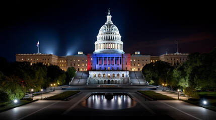 U.S. Capitol draped in flag colors at night, room for message.