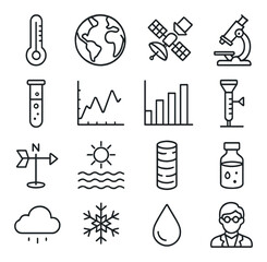 Science and technology icons featuring global, data, and weather symbols