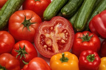 Fresh tomatoes, cucumbers, and bell peppers displayed on a white backdrop.