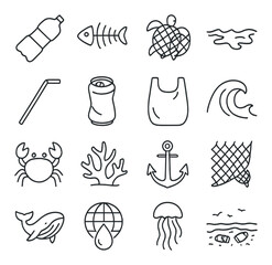 Environmental icons highlighting ocean pollution and marine life conservation