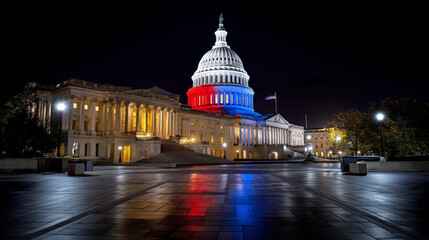 U.S. Capitol draped in flag colors at night, room for message.