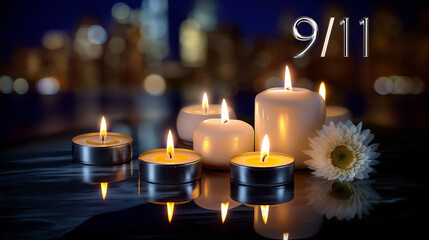 Lighted candles in shape of “9/11” surrounded by soft glow, with text space above.