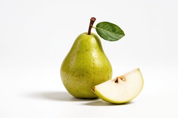 Whole ripe pear and a sliced piece on a white backdrop. Close-up studio shot of a pear. Pear with clipping path.