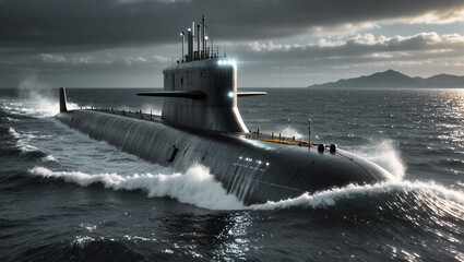 Military submarine surfacing in rough seas at sunset, with waves crashing against its hull under dramatic skies.	