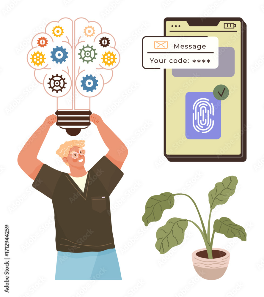 Poster man holding lightbulb with gears symbolizing innovation, smartphone showing authentication process w