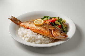 Grilled fish served alongside steamed rice and fresh veggies