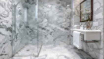 Abstract bathroom interior with blurred background and white marble tiles, featuring a window bokeh effect for product showcase in a luxury spa setting.