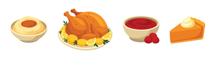 Thanksgiving dinner food set - flat vector illustration of roast turkey, mashed potatoes with gravy, cranberry sauce and pumpkin pie slice. Vectors isolated on white background.